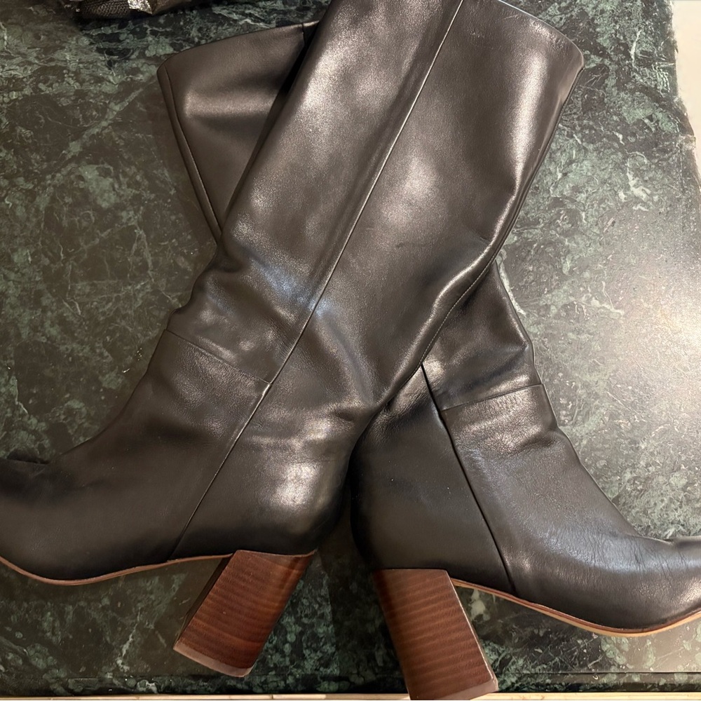 Calvin Klein Stylish Black Leather Boots with Wooden Heel, size 8M